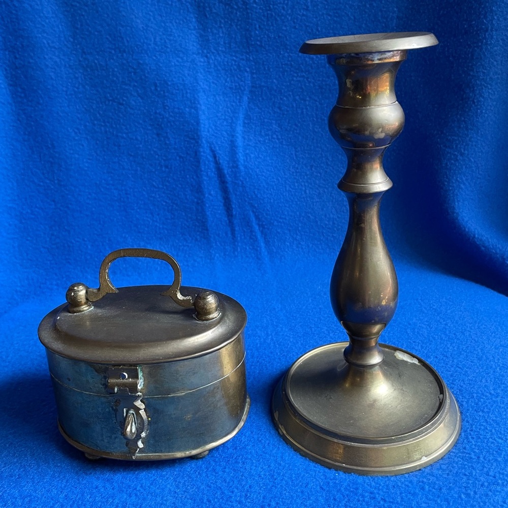 🕯️ Solid Brass Candlestick Holder & Trinket Box. Vintage. 🕯️